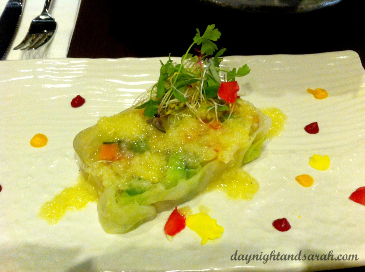 The terrine, topped with apple sauce and flowers.