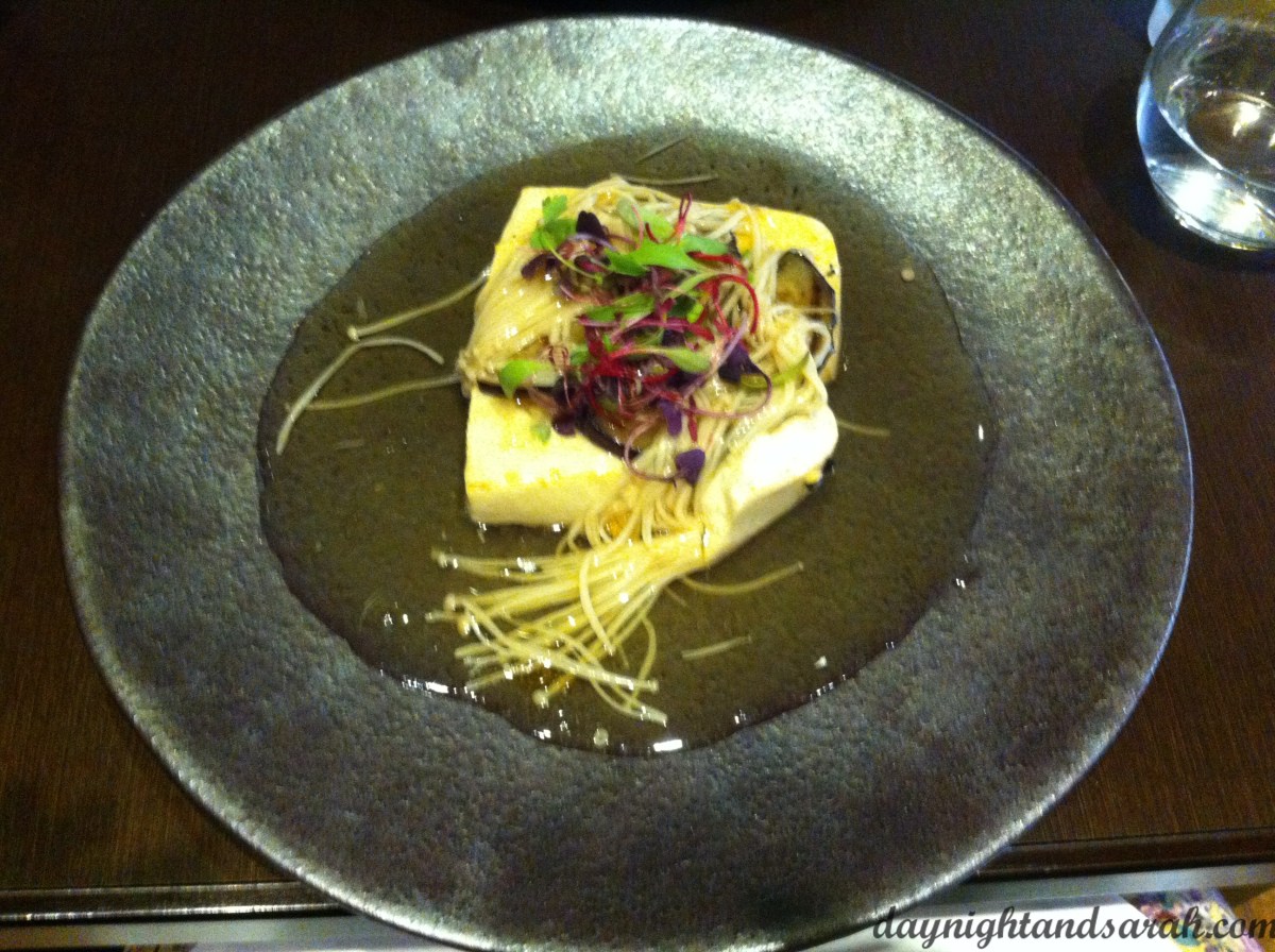 The tofu steak, with eggplant and enoki mushrooms.